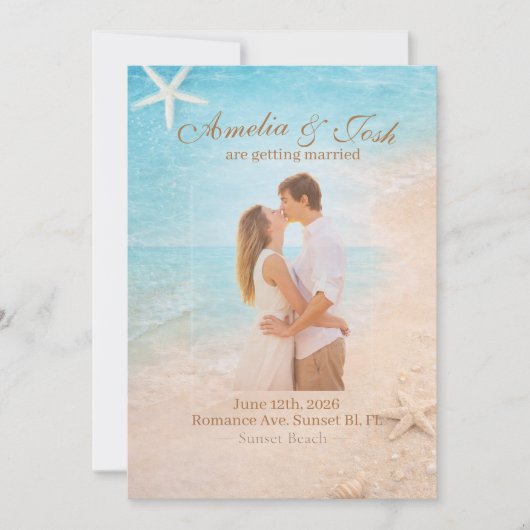 Coastal Sand & Sea Starfish wedding invitation Kaart (Voorkant)