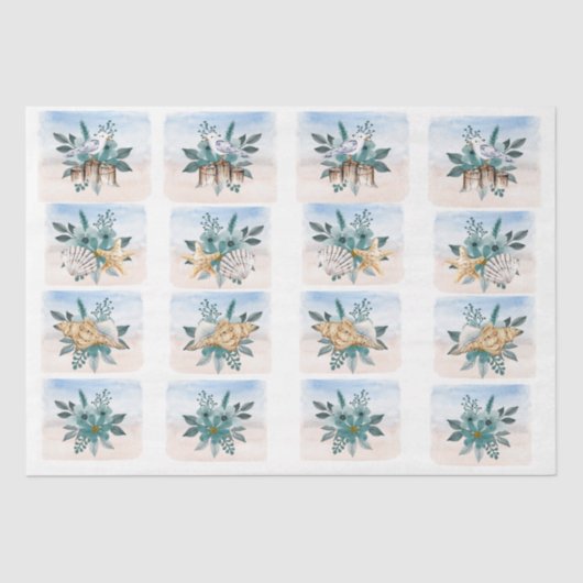 Coastal Sandpipers Flowers Shells Decoupage Paper Tissuepapier (Voorkant)