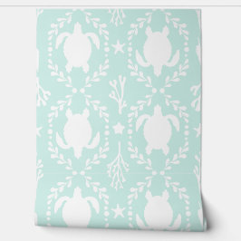 Coastal Sea Turtles in White and Mint Green Behang