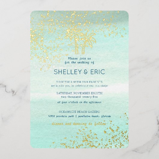 Coastal Seafoam Bruiloft Waterverf Folie Uitnodiging (Voorkant)