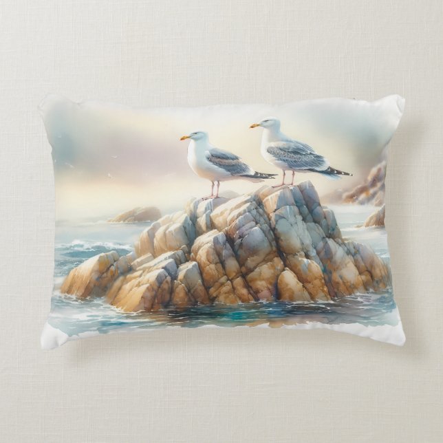Coastal Seagulls Watercolor Seascape Accent Kussen (Voorkant)