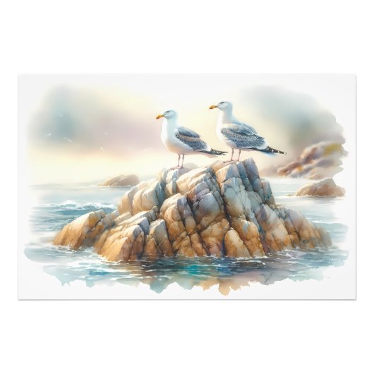 Coastal Seagulls Watercolor Seascape Foto Afdruk (Voorkant)