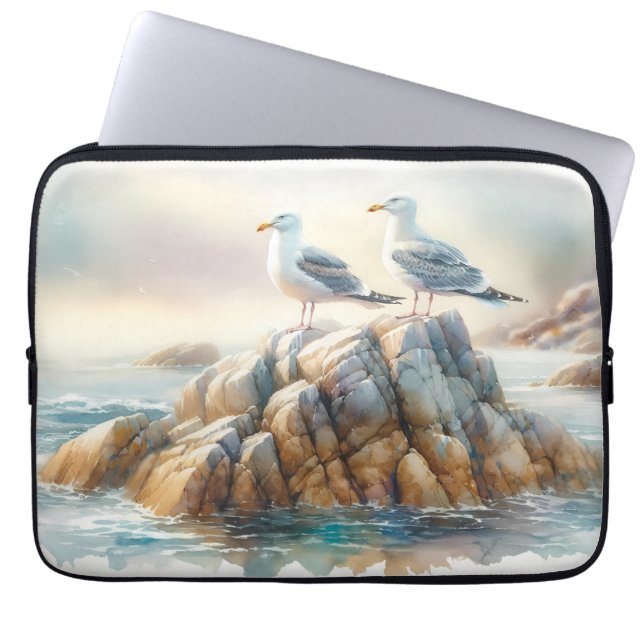 Coastal Seagulls Watercolor Seascape Laptop Sleeve (Voorkant)