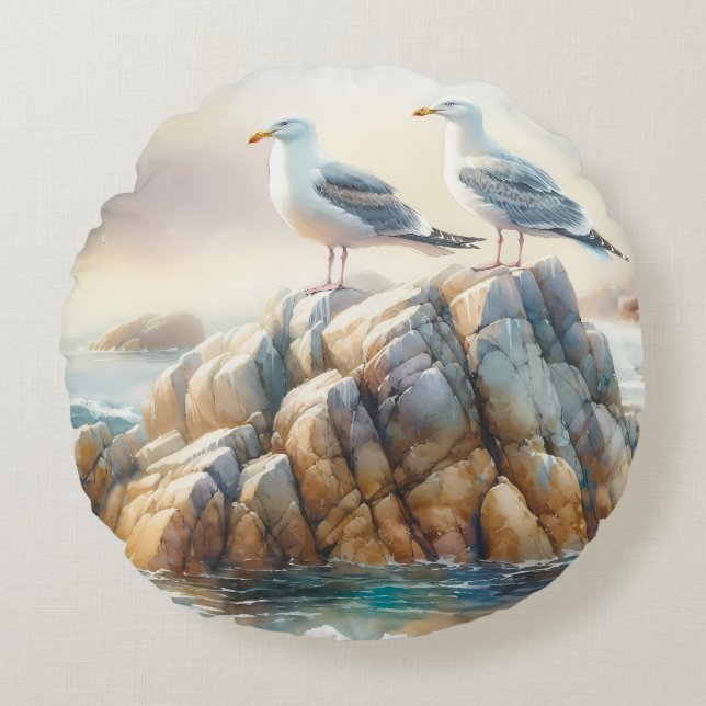 Coastal Seagulls Watercolor Seascape Rond Kussen (Voorkant)