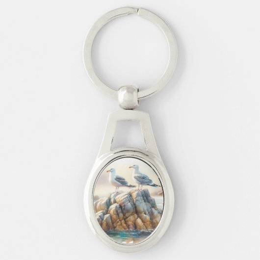 Coastal Seagulls Watercolor Seascape Sleutelhanger (Voorkant)