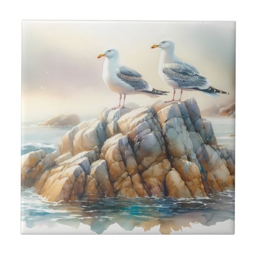 Coastal Seagulls Watercolor Seascape Tegeltje (Voorkant)