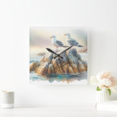 Coastal Seagulls Watercolor Seascape Vierkante Klok (Huis)