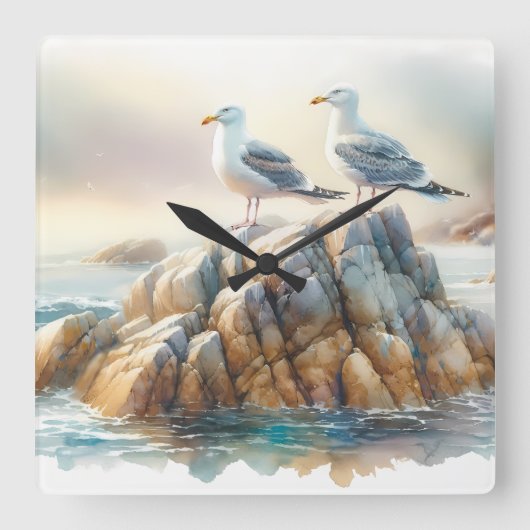 Coastal Seagulls Watercolor Seascape Vierkante Klok (Voorkant)
