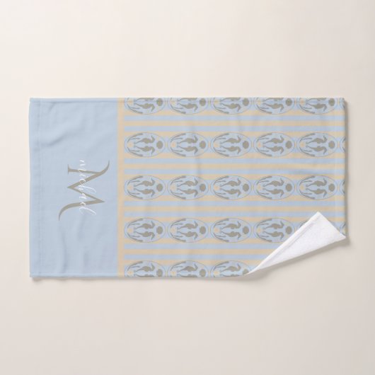 Coastal Seahorse Cameo Blue Cream Strip Monogram  Bad Handdoek (Handdoek)