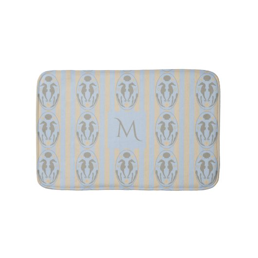 Coastal Seahorse Cameo Blue Cream Strip Monogram Badmat (Voorkant)