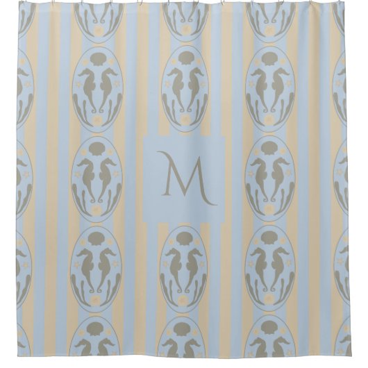 Coastal Seahorse Cameo Blue Cream Strip Monogram Douchegordijn (Voorkant)