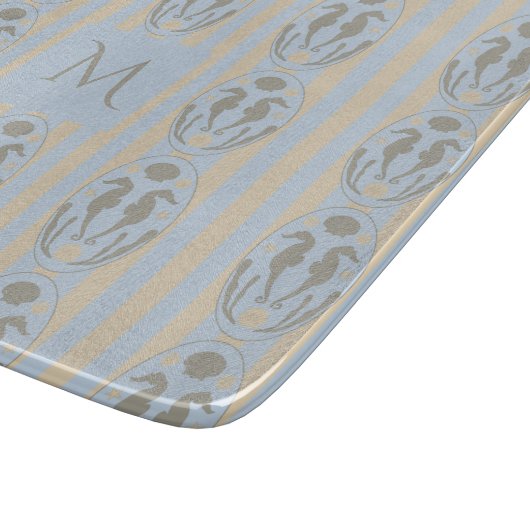 Coastal Seahorse Cameo Blue Cream Strip Monogram Snijplank (Hoek)