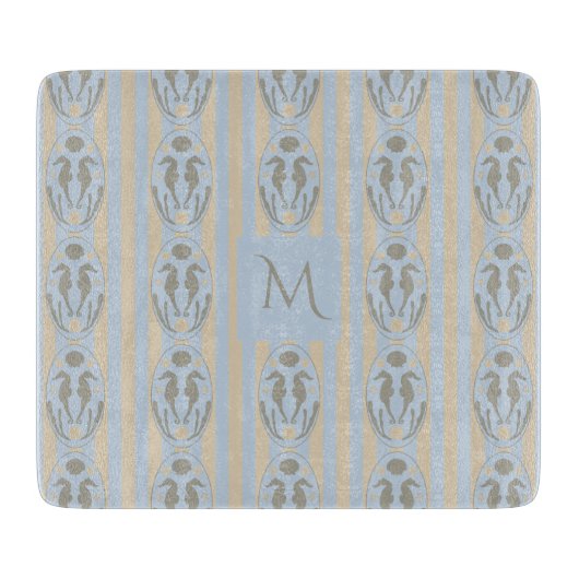 Coastal Seahorse Cameo Blue Cream Strip Monogram Snijplank (Voorkant)