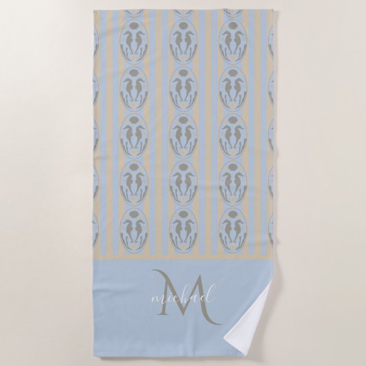 Coastal Seahorse Cameo Blue Cream Strip Monogram  Strandlaken (Voorkant)