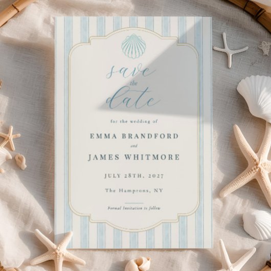 Coastal Seashell Blue Wedding Save the Date Kaart