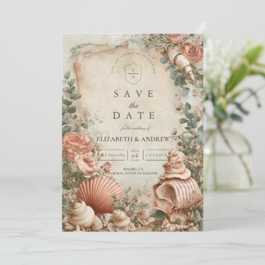 Coastal Seashell Botanical Elegance Save The Date (Staand voorkant)