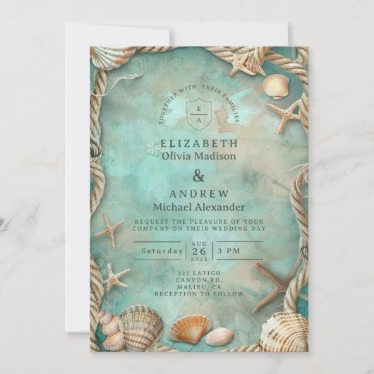 Coastal Seashell Botanical Wedding Kaart (Voorkant)