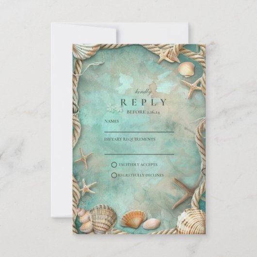Coastal Seashell Botanical Wedding RSVP Kaartje (Voorkant)