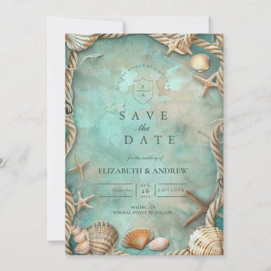 Coastal Seashell Botanical Wedding Save The Date (Voorkant)