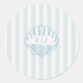 Coastal Seashell Bride Groom Initial Blue Ronde Sticker (Voorkant)