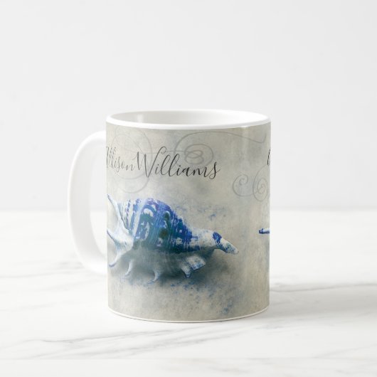 Coastal Seashell Indigo Blue Monogramme Name Koffiemok (Voorkant links)