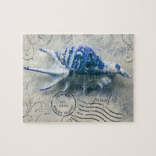 Coastal Seashell Monogram Naam Indigo Blue Legpuzzel (Horizontaal)