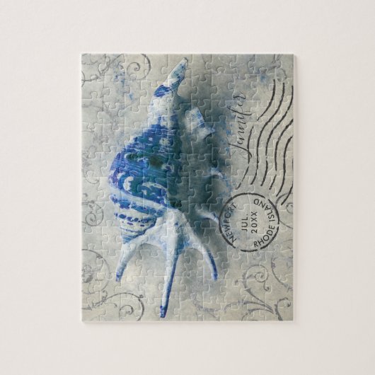 Coastal Seashell Monogram Naam Indigo Blue Legpuzzel (Verticaal)