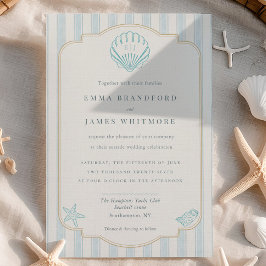 Coastal Seashell Monogram Nautical Striped Wedding Kaart