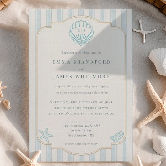 Coastal Seashell Monogram Nautical Striped Wedding Kaart