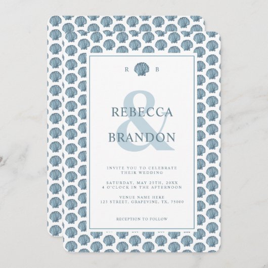 Coastal Seashell Patroon Monogram QR Code Trouwen Kaart (Voorkant / Achterkant)