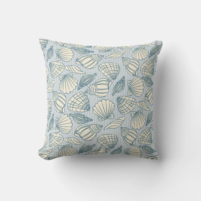 Coastal Seashell Pattern Throw Pillow (Blue & Sand Kussen (Voorkant)