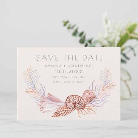 Coastal Seashell Photo Beach Wedding Save the Date (Staand voorkant)