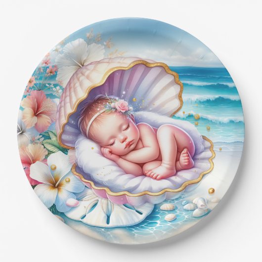 Coastal Seaside Girl's Baby shower Ocean Theme Papieren Bordje (Voorkant)