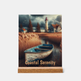 Coastal Serenity: vuurtoren en roeiboot Acryl Bord