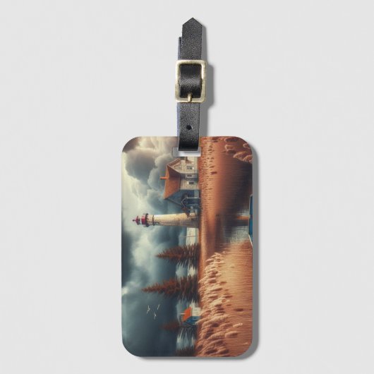 Coastal Serenity: vuurtoren en roeiboot Bagagelabel (Voorkant (verticaal))