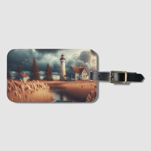 Coastal Serenity: vuurtoren en roeiboot Bagagelabel (Voorkant (horizontaal))