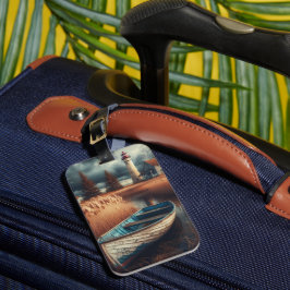 Coastal Serenity: vuurtoren en roeiboot Bagagelabel