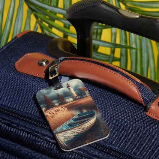 Coastal Serenity: vuurtoren en roeiboot Bagagelabel (Voorkant Insitu 1)