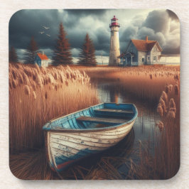 Coastal Serenity: vuurtoren en roeiboot Bier Onderzetter