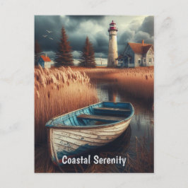 Coastal Serenity: vuurtoren en roeiboot Briefkaart