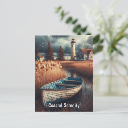 Coastal Serenity: vuurtoren en roeiboot Briefkaart (Staand voorkant)