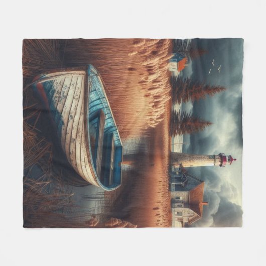 Coastal Serenity: vuurtoren en roeiboot Fleece Deken (Voorkant (Horizontaal))