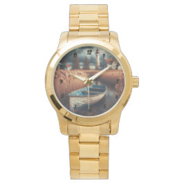 Coastal Serenity: vuurtoren en roeiboot Horloge