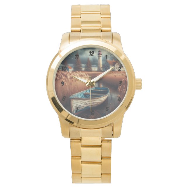 Coastal Serenity: vuurtoren en roeiboot Horloge (Voorkant)