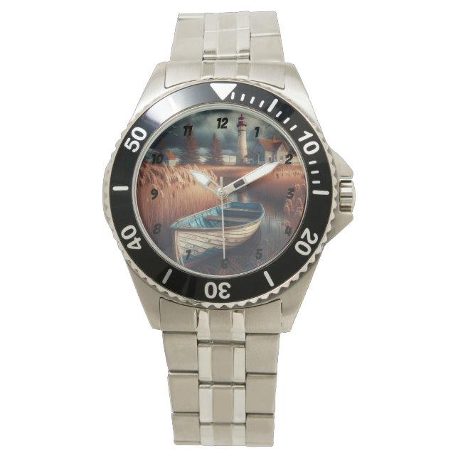 Coastal Serenity: vuurtoren en roeiboot Horloge (Voorkant)