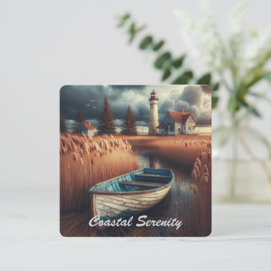 Coastal Serenity: vuurtoren en roeiboot Kaart (Staand voorkant)