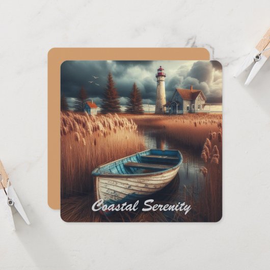 Coastal Serenity: vuurtoren en roeiboot Kaart (Voorkant / Achterkant in situ)