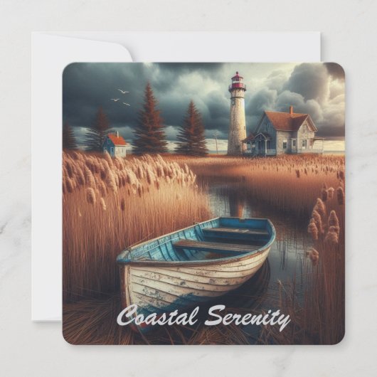 Coastal Serenity: vuurtoren en roeiboot Kaart (Voorkant)