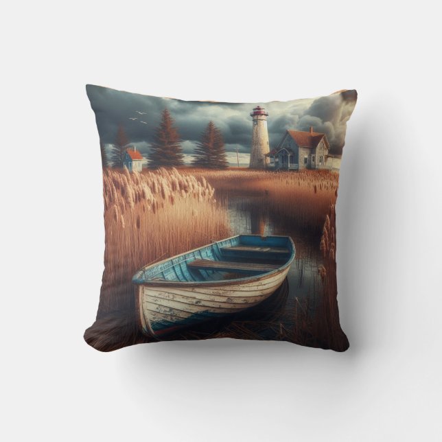 Coastal Serenity: vuurtoren en roeiboot Kussen (Voorkant)