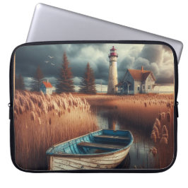 Coastal Serenity: vuurtoren en roeiboot Laptop Sleeve
